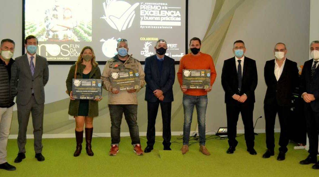 El director comercial de Koppert para Granada, Málaga y Almería, Juan Carlos Rodriguez; el director gerente de CajaGranada Fundación, Fernando Bueno, la agricultora premiada, Mª Carmen Villa; El agricultor premiado, José Manuel Romera; el presidente de la Fundación MGS, Miguel García; el agricultor premiado, Carlos Mota; el director de negocio Agro de Bankia en Andalucía, Gregorio Nieto; el director de grandes cuentas de BASF Vegetables Seeds, Miguel Espinosa; y el director de zona de Bankia Granada Provincia Sur, Juan Alfonso Navas.