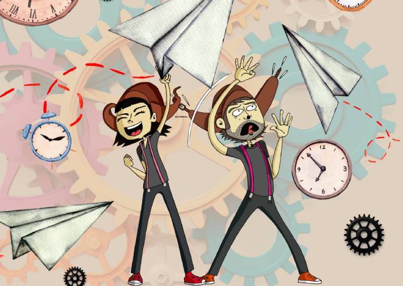 Ilustración del espectáculo 'Vuelo directo a la historia' con dos personas con sombrero.